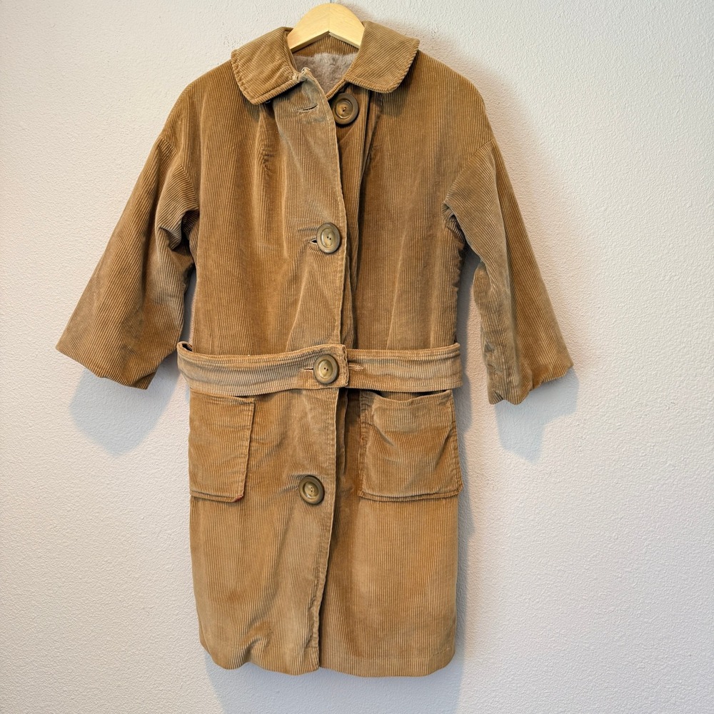 Vintage ILGWU Corduroy Trench Coat Tan Faux Shearling Lined Belted 60s 70s